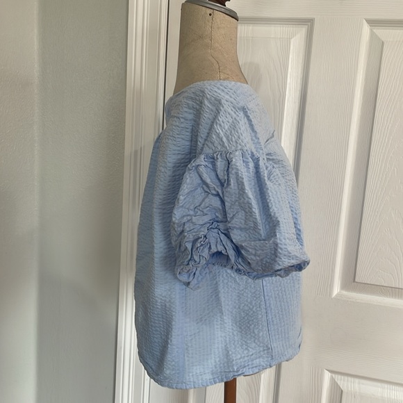 H&M blouse off the shoulder puff sleeves top textured cotton blue womens size 12 - Picture 4 of 9